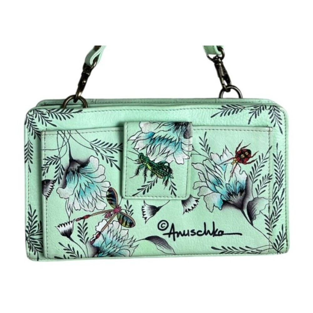 Anuschka Hand Painted Signed Leather Crossbody Bag Clutch Detachable Strap Green